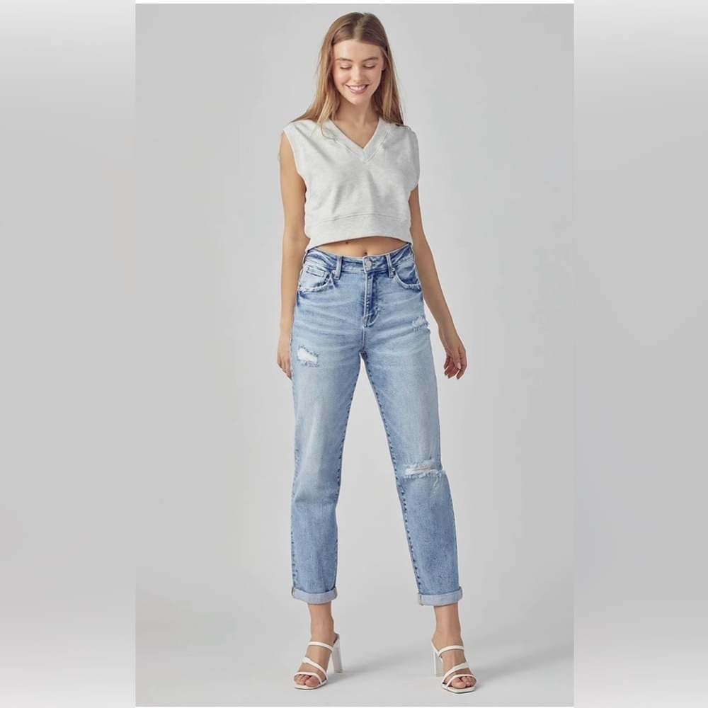 NWT Risen boutiquebrand distressed boyfriend jeans with rolled cuff.Various size